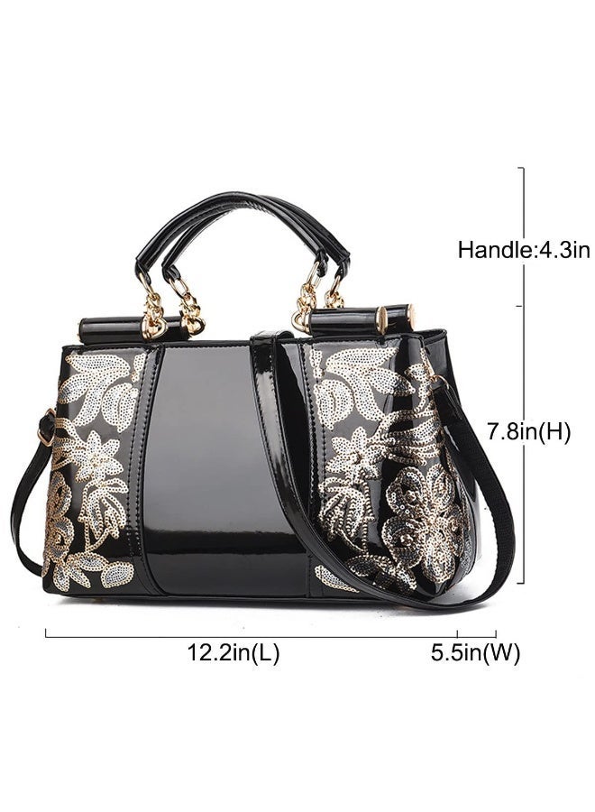 Patent Leather Handbag for Women Tote Bags Sequin Embroidery Satchel Bag Top Handle Bag Gorgeous Shoulder Bag Purse - Image 2